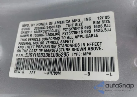 2006 Honda Element Lx z USA, uszkodzony, nr VIN 5J6YH28336L005295